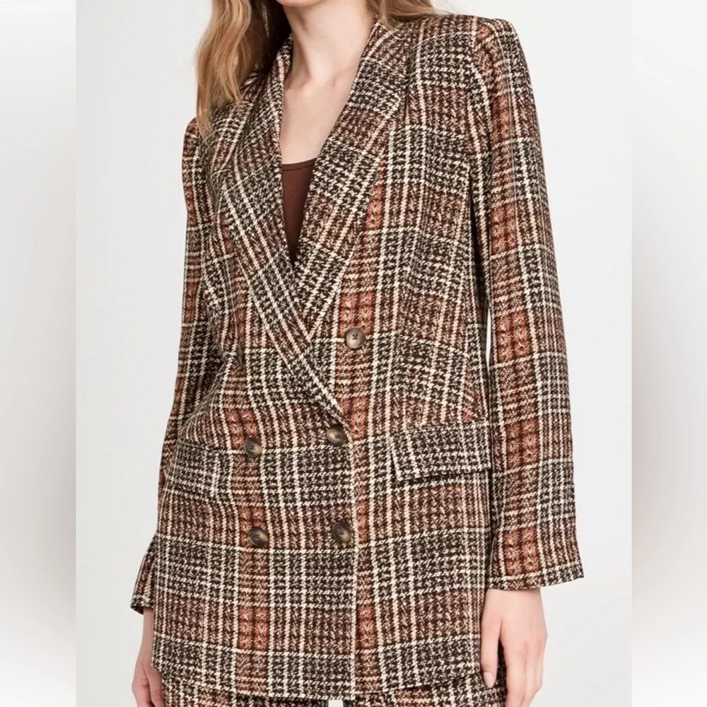 L'Agence Jayda Brown Tweed Print Lightweight Crepe Oversized Blazer Jacket NWT